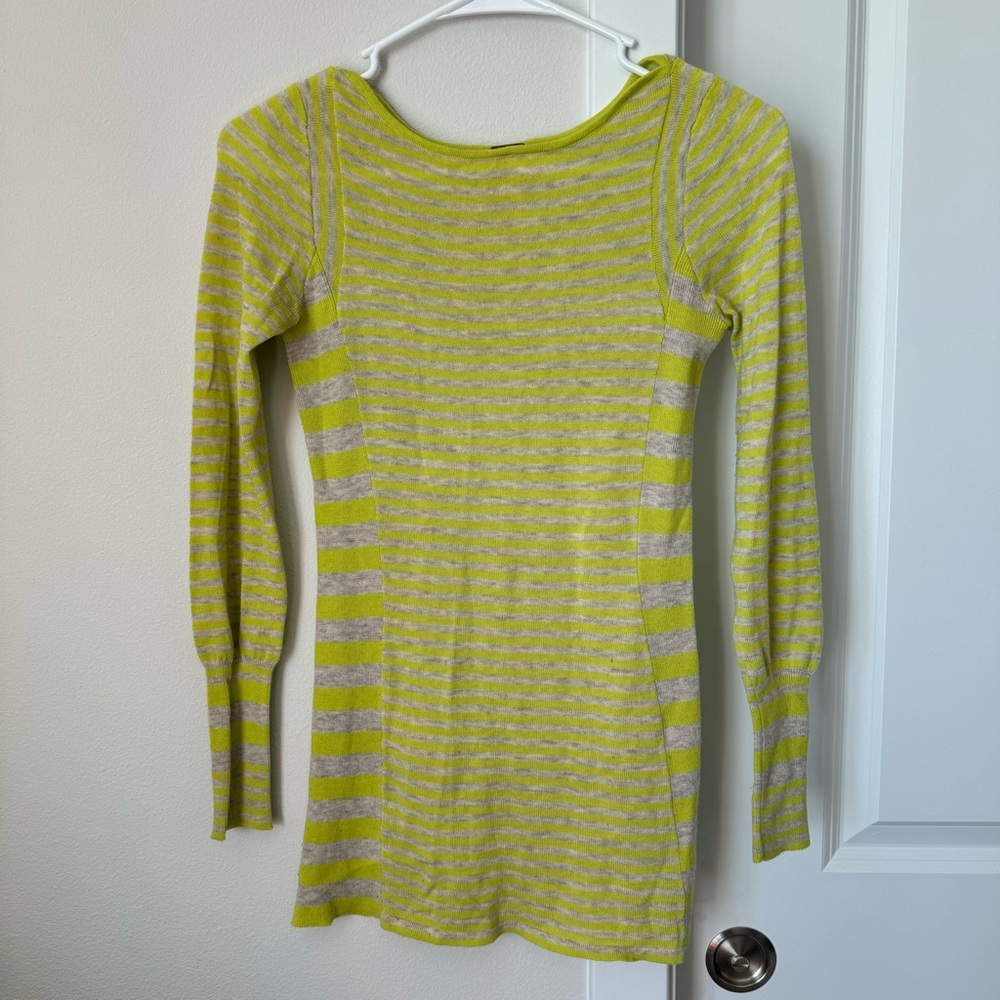 Free People Neon Green and Grey Striped Sweater Size Small Fall Long Casual